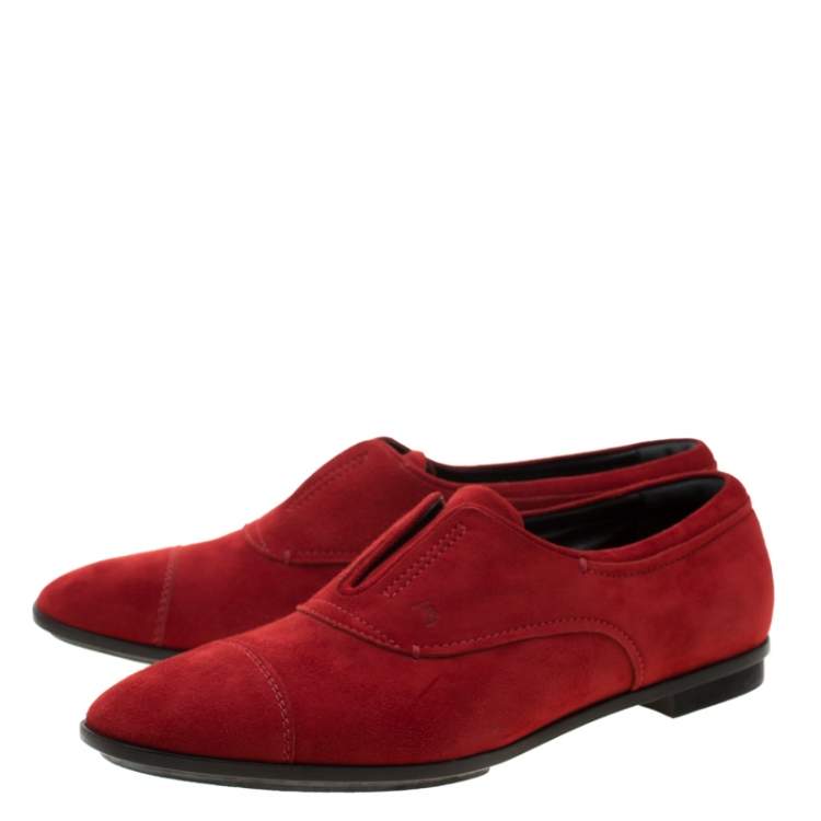 Pre Owned Tod's Red Suede Cap Toe Loafers Size 39.5