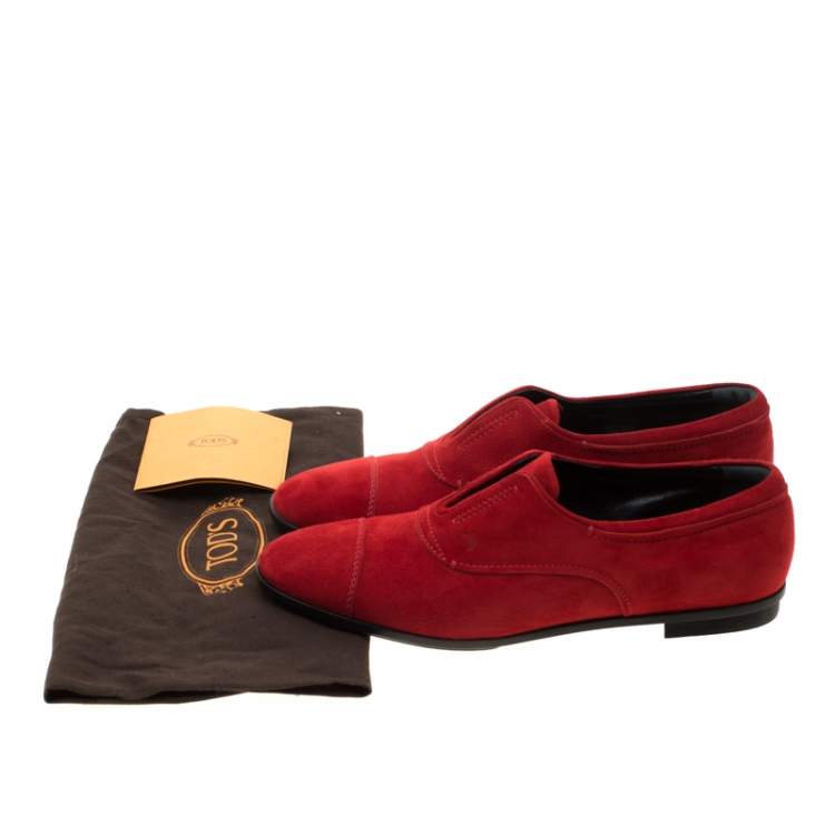 Pre Owned Tod's Red Suede Cap Toe Loafers Size 39.5