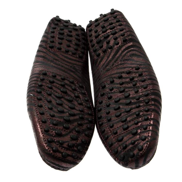 Pre Owned Tod’s Metallic Bronze/Black Zebra Print Leather Bow Loafers Size 40