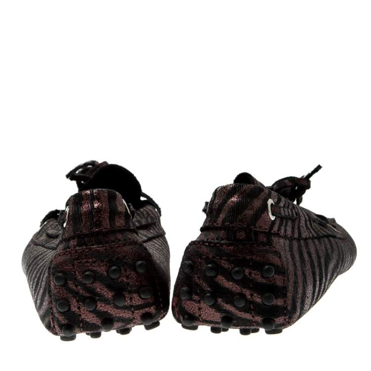 Pre Owned Tod’s Metallic Bronze/Black Zebra Print Leather Bow Loafers Size 40