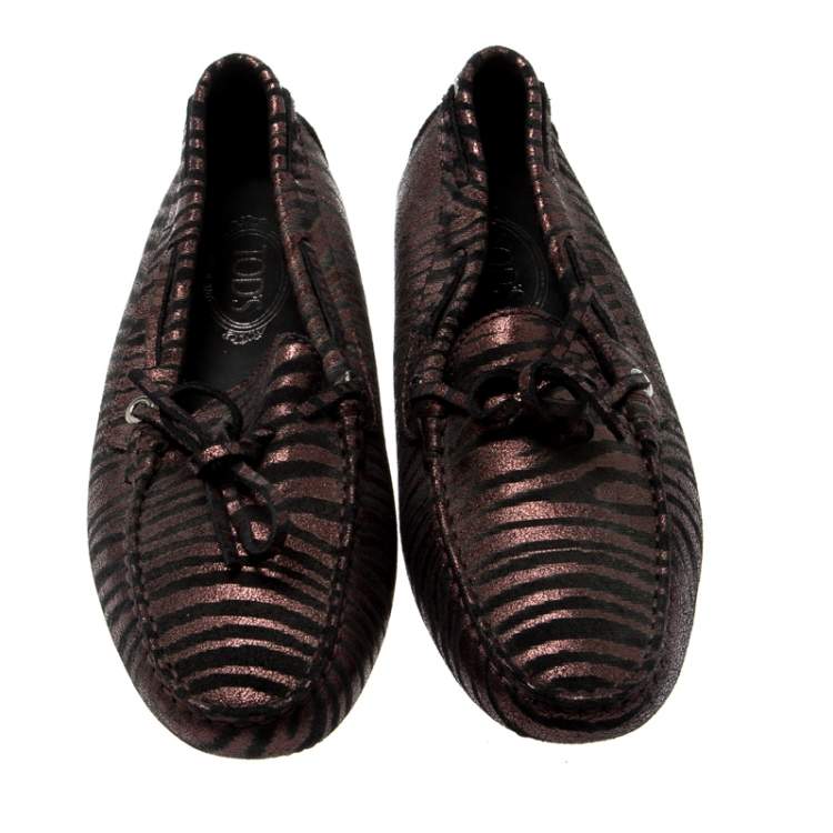 Pre Owned Tod’s Metallic Bronze/Black Zebra Print Leather Bow Loafers Size 40