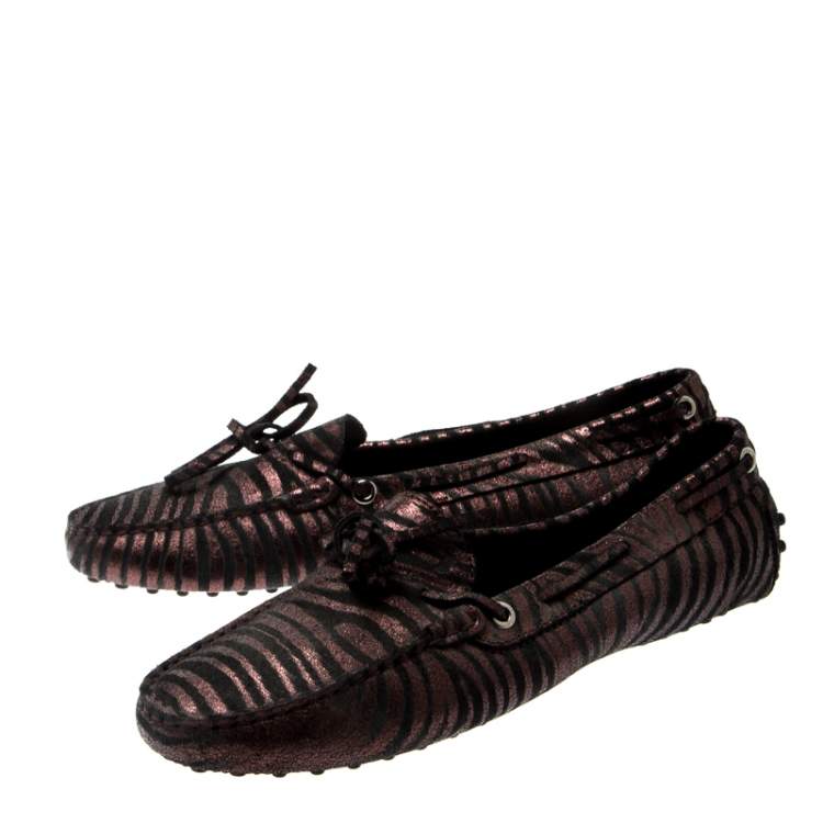 Pre Owned Tod’s Metallic Bronze/Black Zebra Print Leather Bow Loafers Size 40