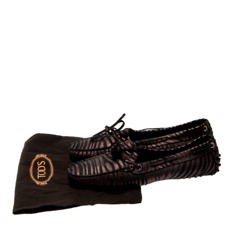 Pre Owned Tod’s Metallic Bronze/Black Zebra Print Leather Bow Loafers Size 40