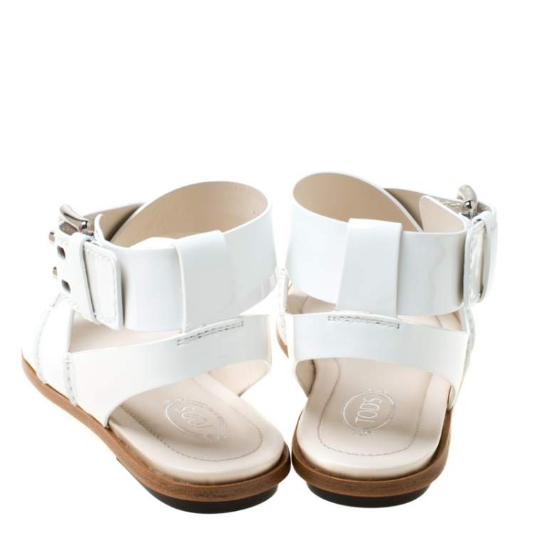 Pre Owned Tod's White Patent Leather Cross Strap Flat Sandals Size 37