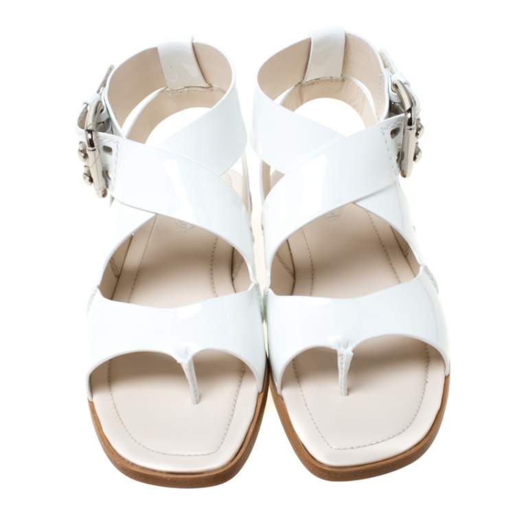 Pre Owned Tod's White Patent Leather Cross Strap Flat Sandals Size 37