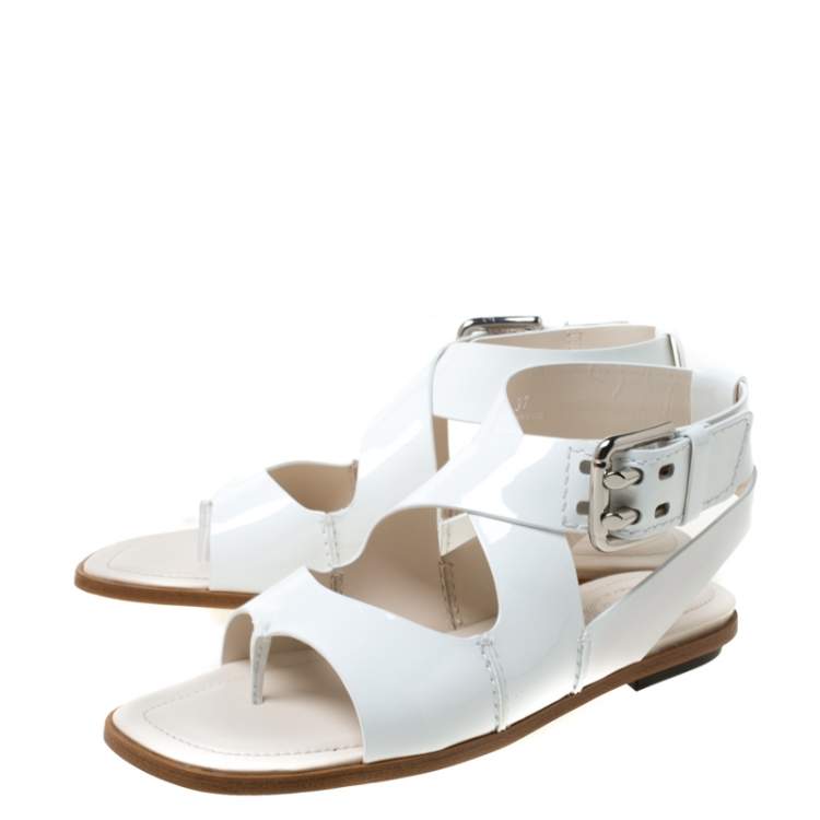 Pre Owned Tod's White Patent Leather Cross Strap Flat Sandals Size 37