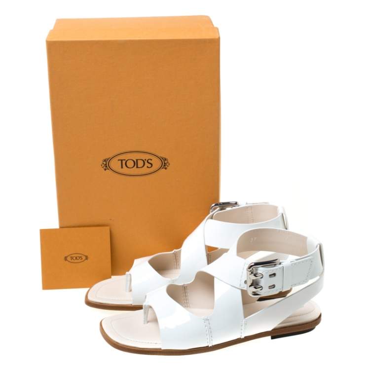 Pre Owned Tod's White Patent Leather Cross Strap Flat Sandals Size 37