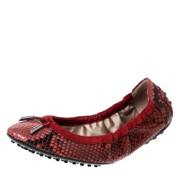 Pre Owned Tod's Red Python Leather Scrunch Ballet Flats Size 38