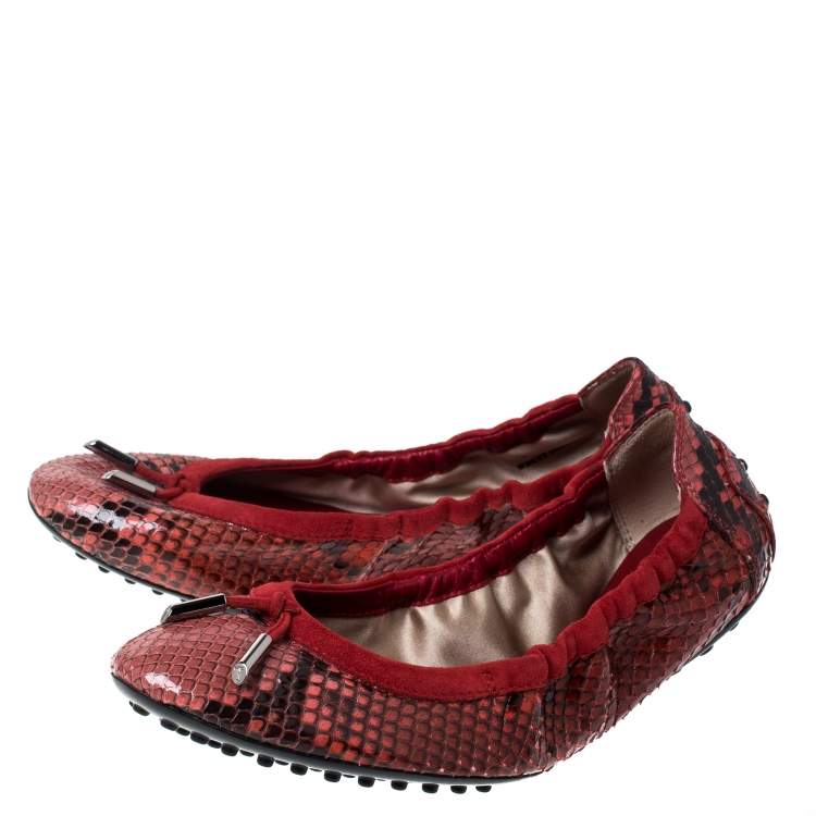 Pre Owned Tod's Red Python Leather Scrunch Ballet Flats Size 38