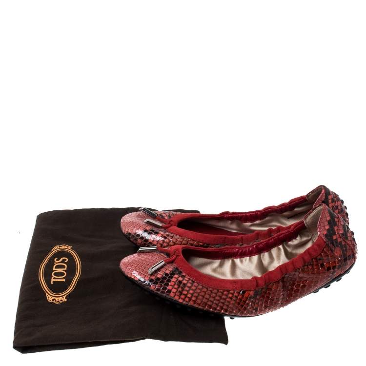 Pre Owned Tod's Red Python Leather Scrunch Ballet Flats Size 38