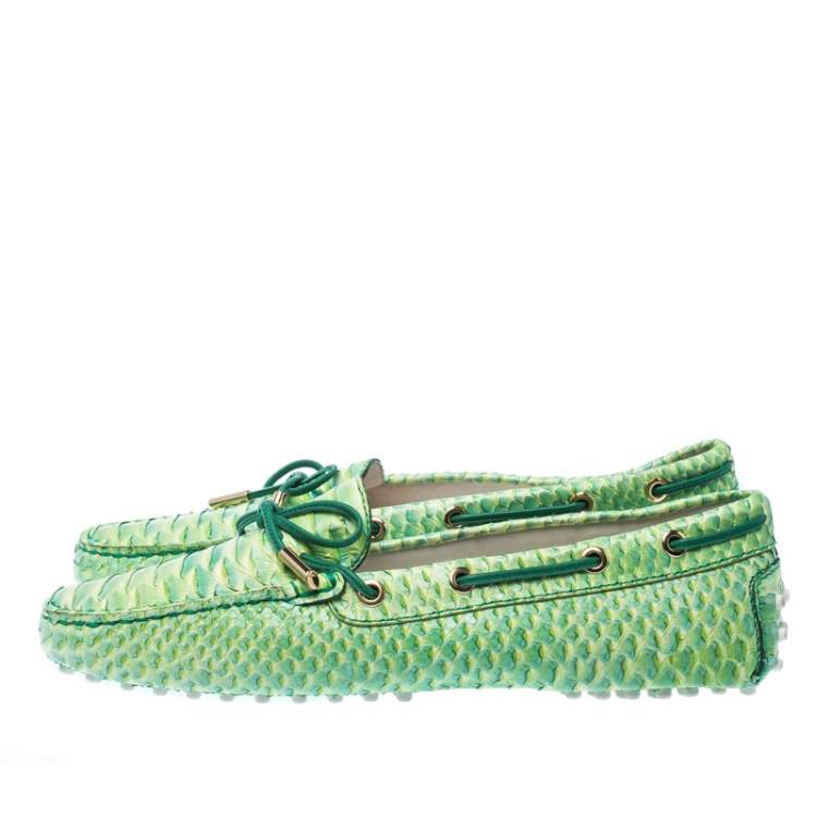 Pre Owned Tod's Green Python Gommino Bow Loafers Size 39