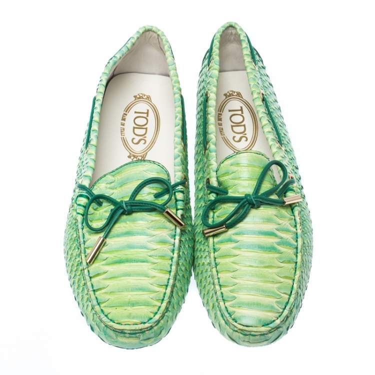 Pre Owned Tod's Green Python Gommino Bow Loafers Size 39