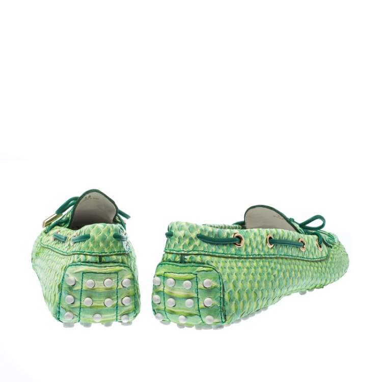 Pre Owned Tod's Green Python Gommino Bow Loafers Size 39