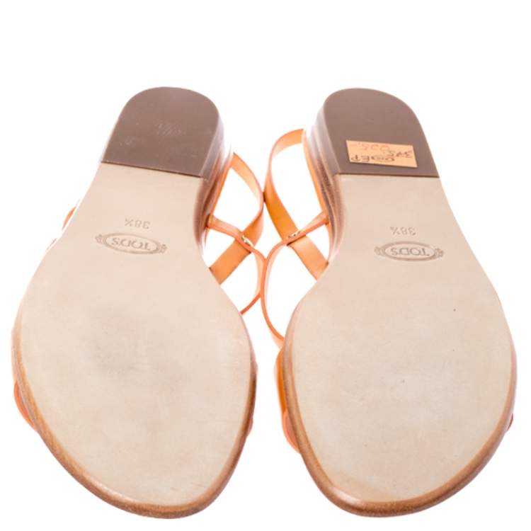 Pre Owned Tod's Orange Leather Metal Logo Embellished Slingback Flat Sandals Size 38.5