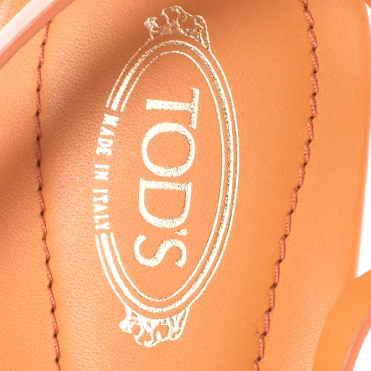 Pre Owned Tod's Orange Leather Metal Logo Embellished Slingback Flat Sandals Size 38.5