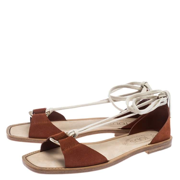 Pre Owned Tod's Brown Suede Ankle Wrap Flat Sandals Size 38.5