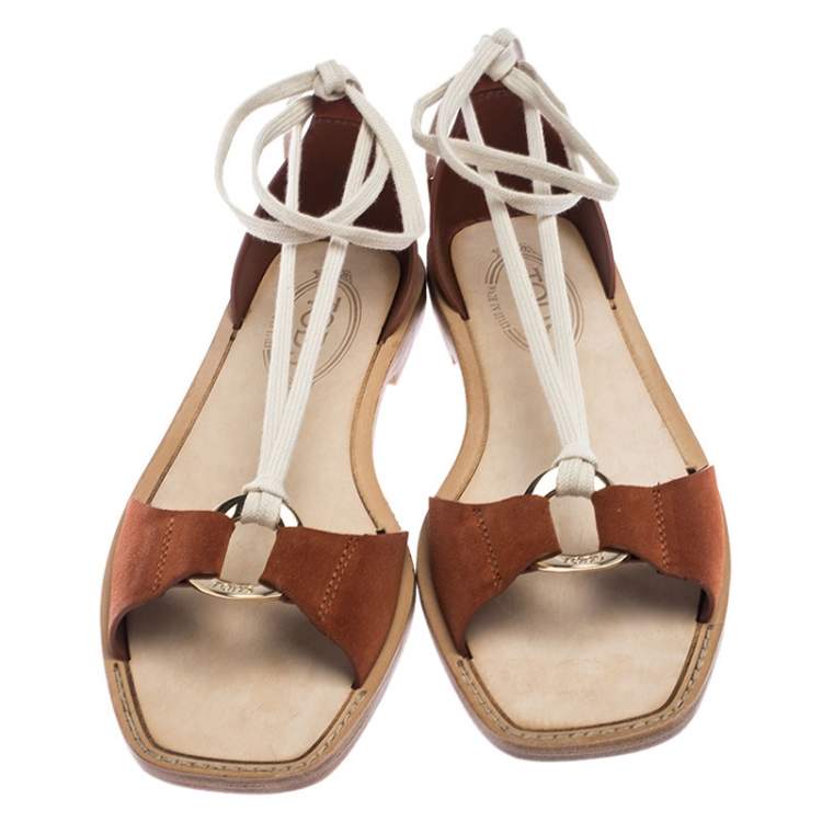 Pre Owned Tod's Brown Suede Ankle Wrap Flat Sandals Size 38.5