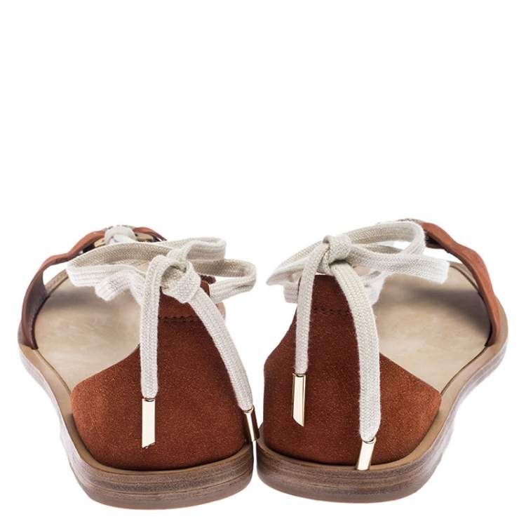 Pre Owned Tod's Brown Suede Ankle Wrap Flat Sandals Size 38.5