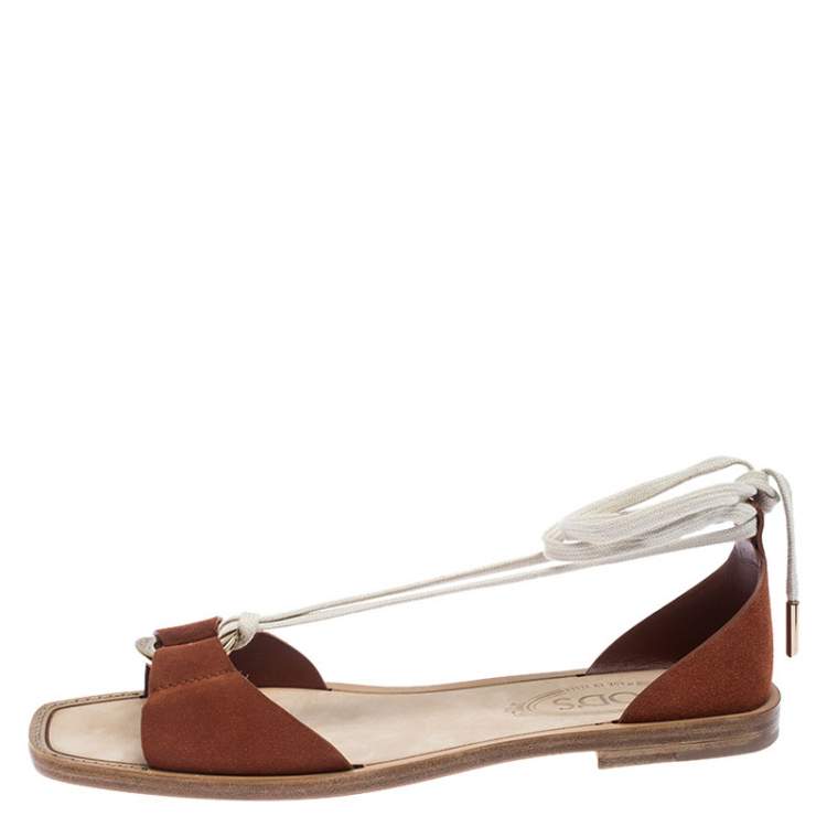 Pre Owned Tod's Brown Suede Ankle Wrap Flat Sandals Size 38.5