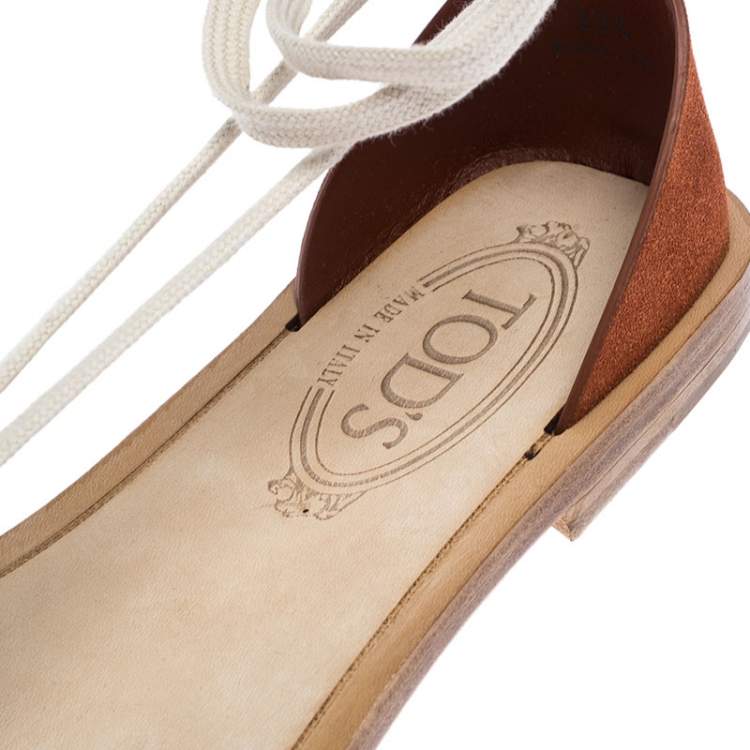 Pre Owned Tod's Brown Suede Ankle Wrap Flat Sandals Size 38.5