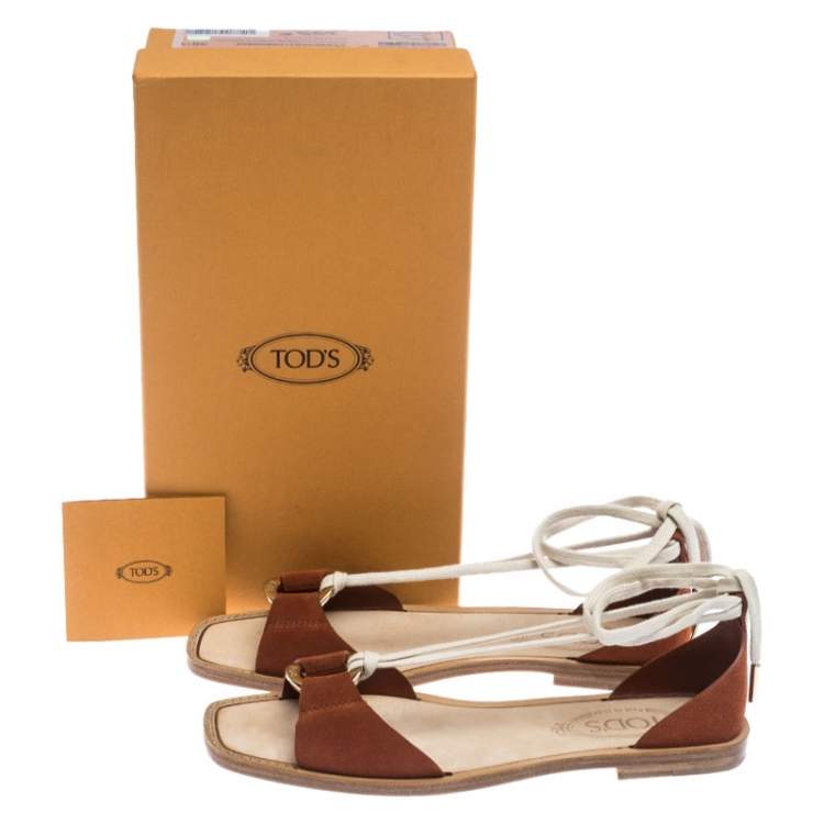 Pre Owned Tod's Brown Suede Ankle Wrap Flat Sandals Size 38.5