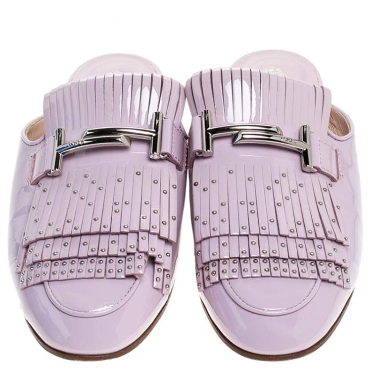 Pre Owned Tod's Pink Patent Leather Studded Fringe Double T Flat Loafer Slides Size 38