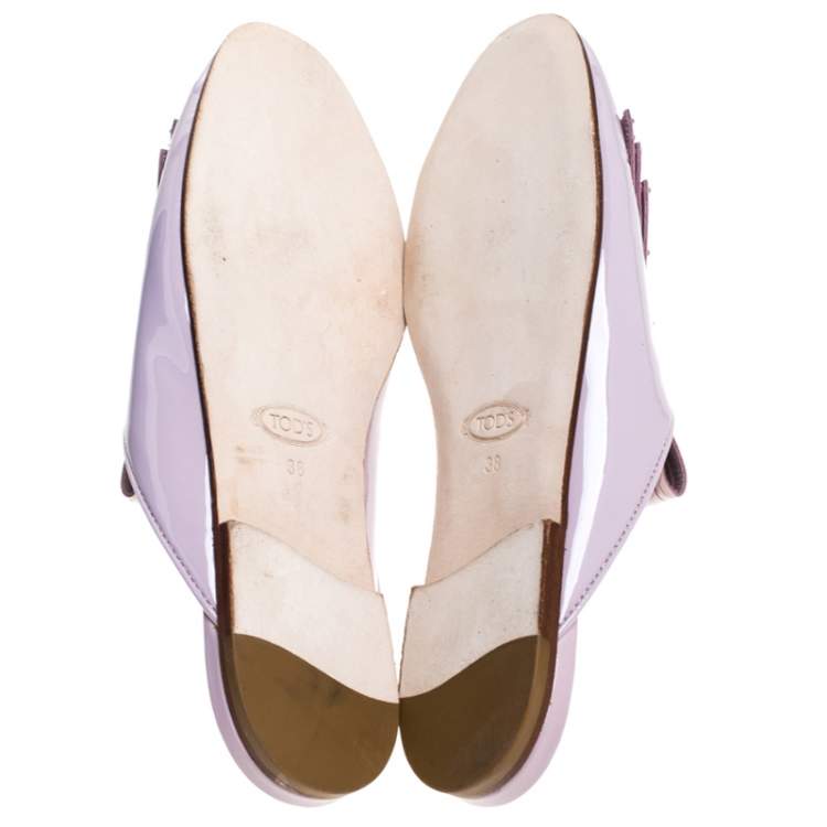 Pre Owned Tod's Pink Patent Leather Studded Fringe Double T Flat Loafer Slides Size 38