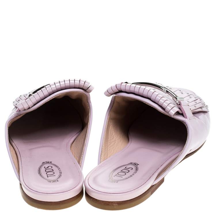 Pre Owned Tod's Pink Patent Leather Studded Fringe Double T Flat Loafer Slides Size 38