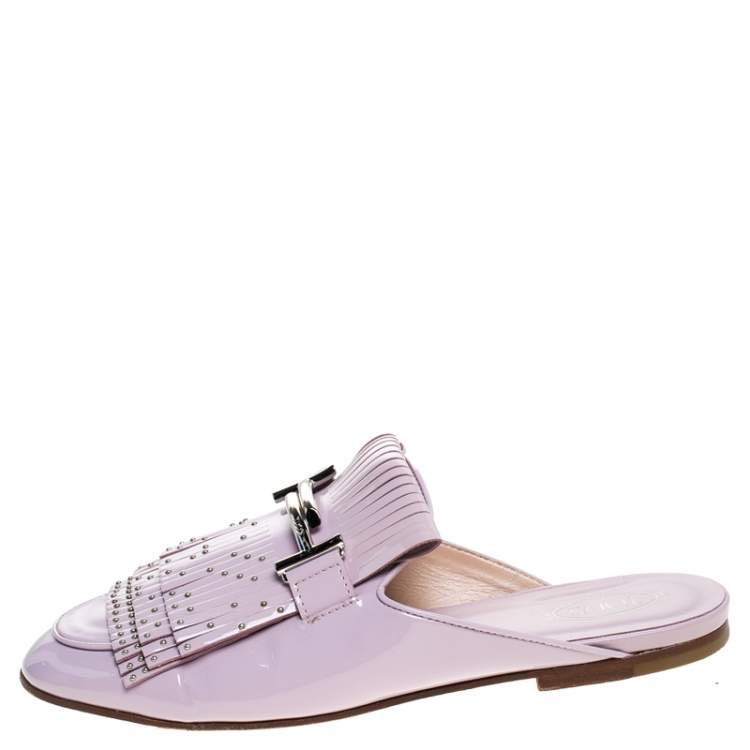 Pre Owned Tod's Pink Patent Leather Studded Fringe Double T Flat Loafer Slides Size 38