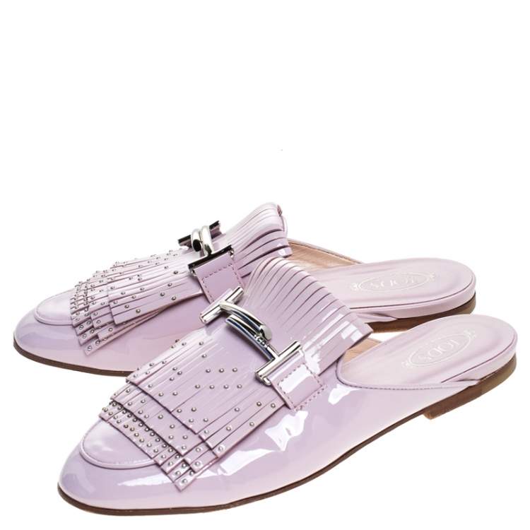 Pre Owned Tod's Pink Patent Leather Studded Fringe Double T Flat Loafer Slides Size 38