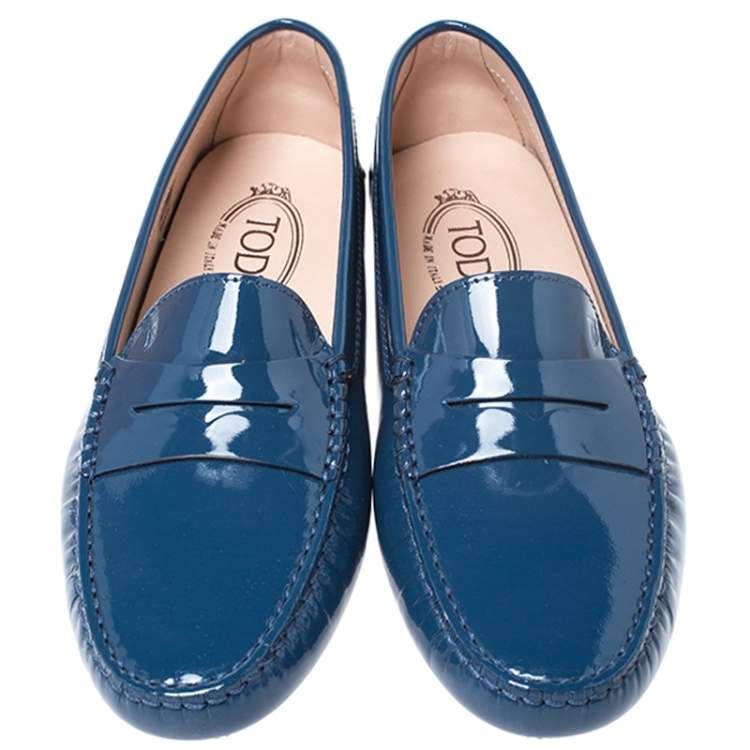 Pre Owned Tod's Blue Patent Leather Gommino Penny Loafers Size 39