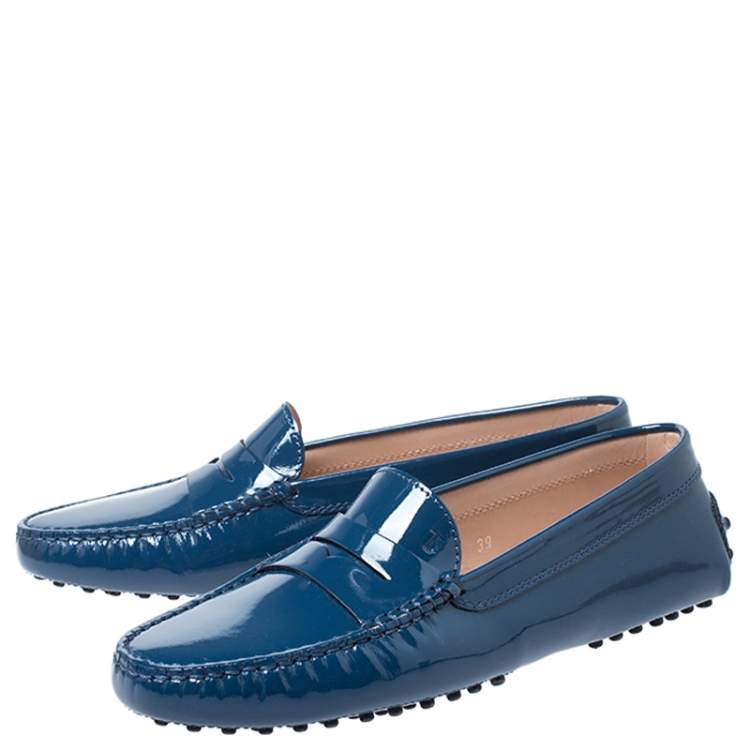 Pre Owned Tod's Blue Patent Leather Gommino Penny Loafers Size 39