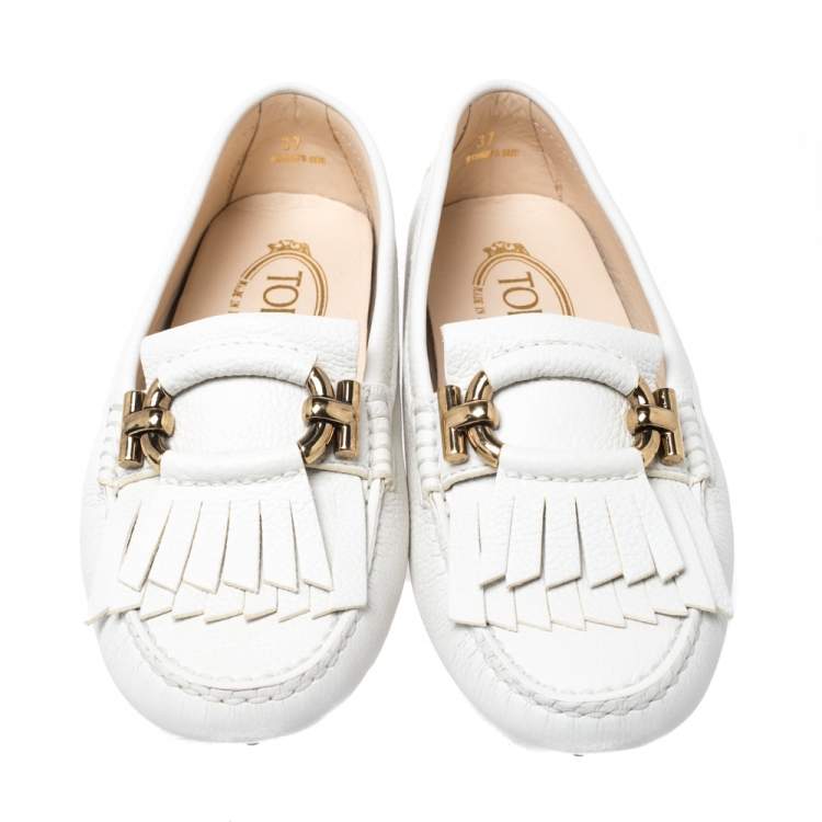Pre Owned Tod's White Leather Fringe Detail Loafers Size 37