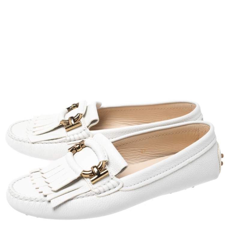 Pre Owned Tod's White Leather Fringe Detail Loafers Size 37