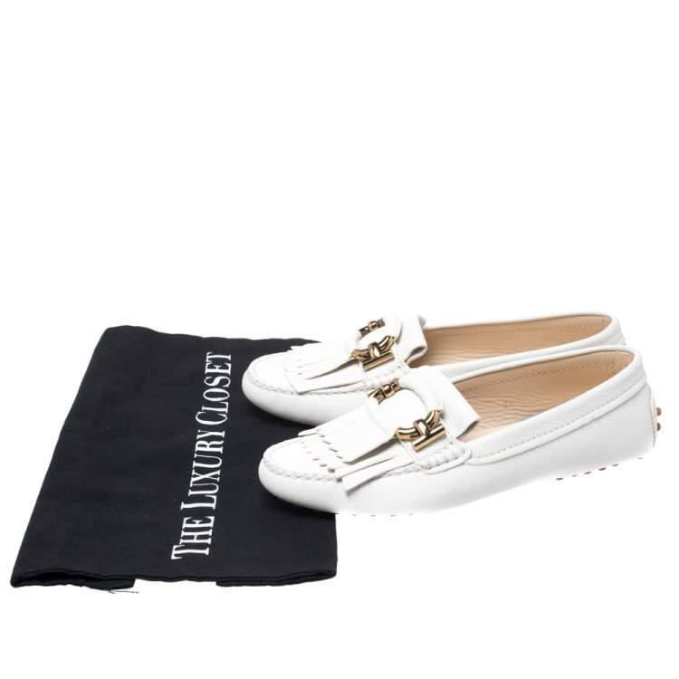 Pre Owned Tod's White Leather Fringe Detail Loafers Size 37