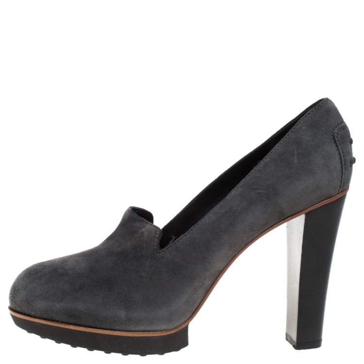 Pre Owned Tod's Grey Suede Leather Block Heel Pumps Size 40
