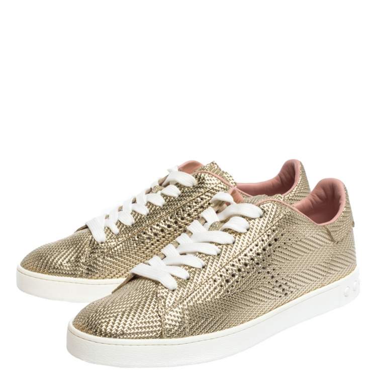 Pre Owned Tod's Metallic Gold Woven And Perforated Leather Low Top Lace Up Sneakers Size 37