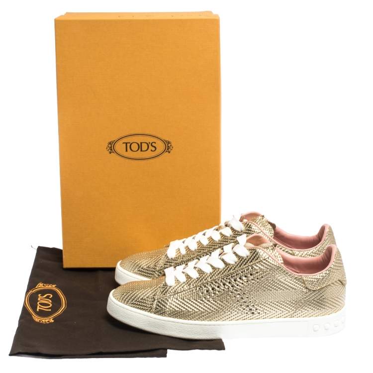 Pre Owned Tod's Metallic Gold Woven And Perforated Leather Low Top Lace Up Sneakers Size 37