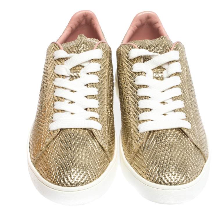 Pre Owned Tod's Metallic Gold Woven And Perforated Leather Low Top Lace Up Sneakers Size 37