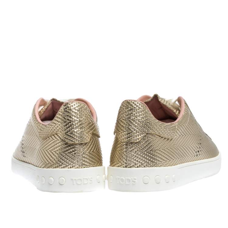 Pre Owned Tod's Metallic Gold Woven And Perforated Leather Low Top Lace Up Sneakers Size 37