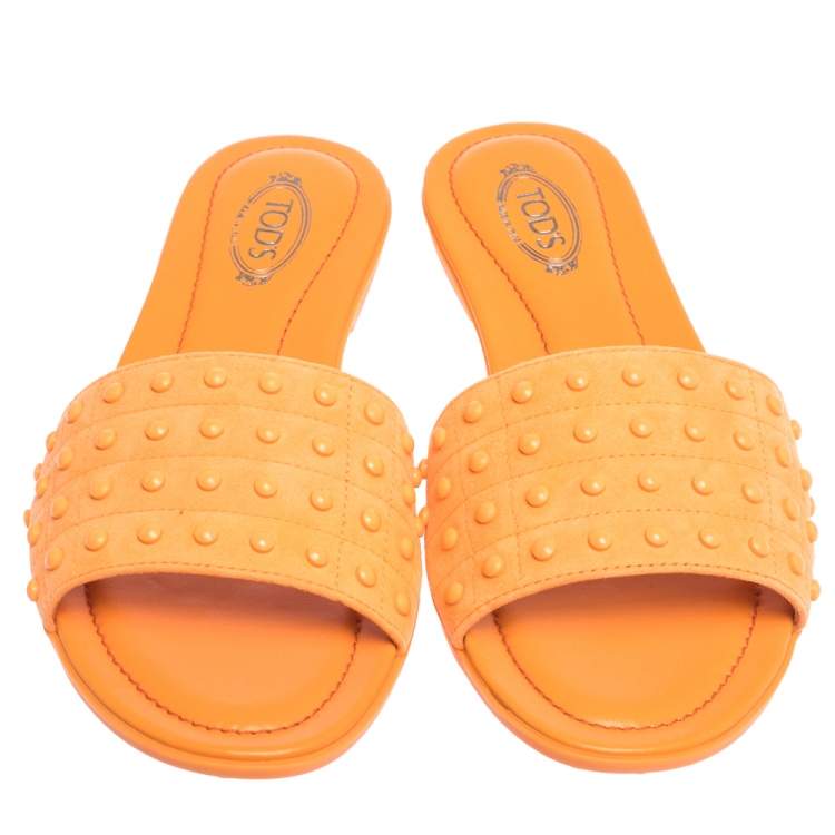 Pre Owned Tod's Orange Nubuck Leather Flat Slides Size 37