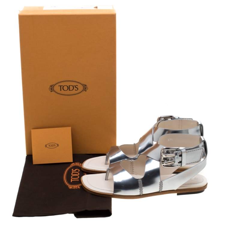 Pre Owned Tod's Metallic Silver Leather Ankle Strap Flat Sandals Size 37.5