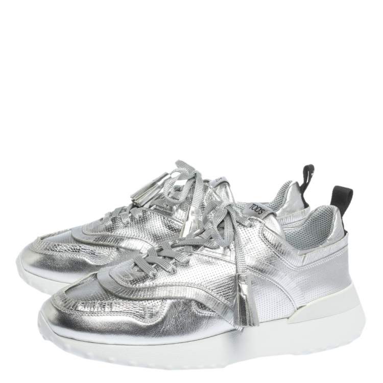 Pre Owned Tod's Metallic Sliver Perforated Leather Low Top Sneakers Size 39.5