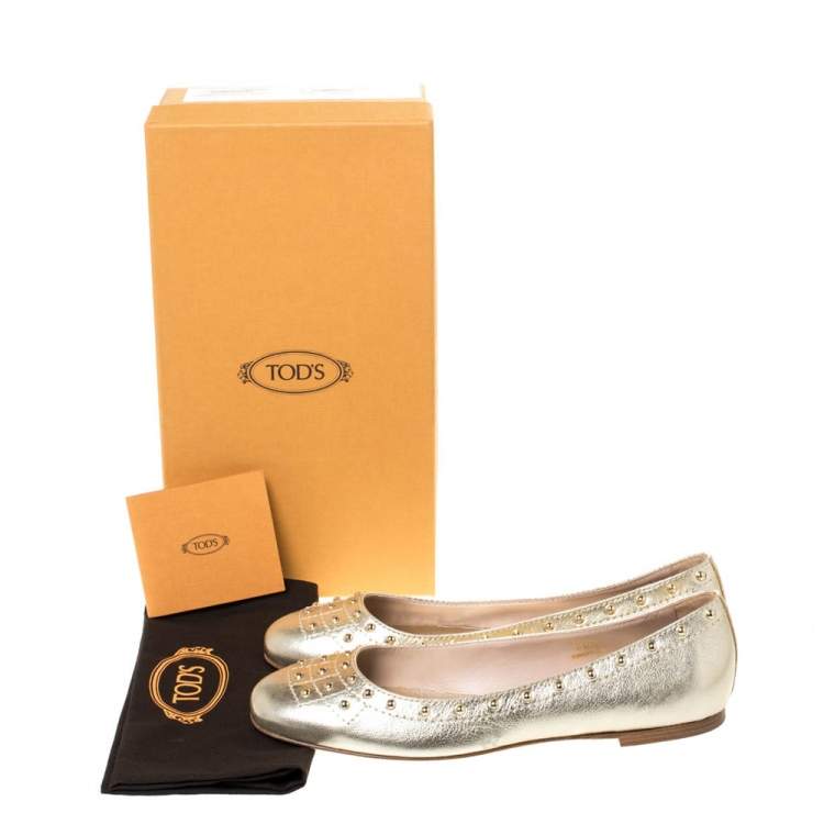 Pre Owned Tod's Metallic Gold Leather Studded Ballet Flats Size 38.5
