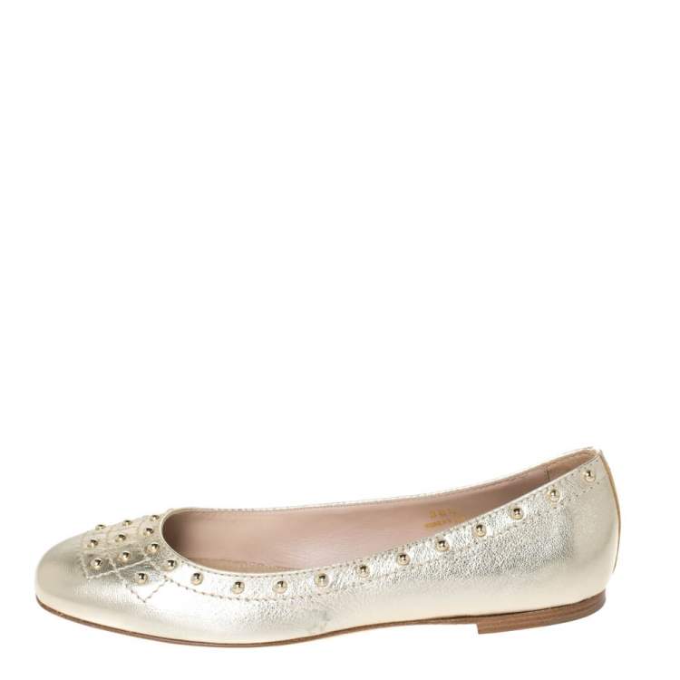 Pre Owned Tod's Metallic Gold Leather Studded Ballet Flats Size 38.5
