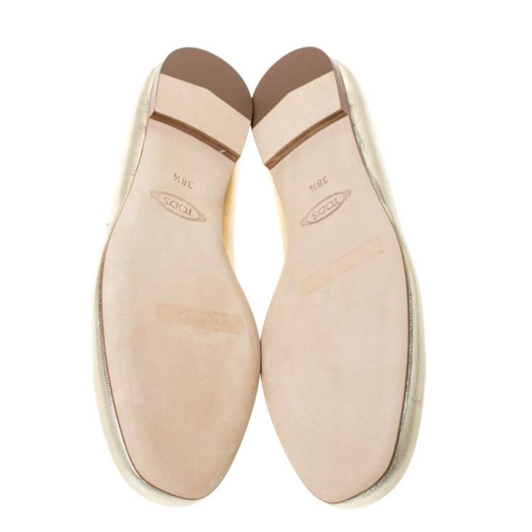 Pre Owned Tod's Metallic Gold Leather Studded Ballet Flats Size 38.5