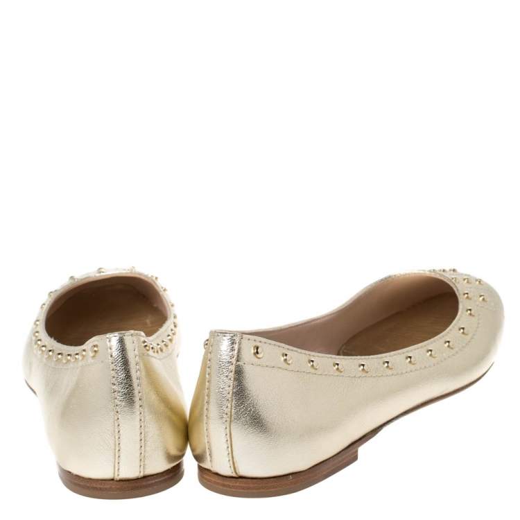 Pre Owned Tod's Metallic Gold Leather Studded Ballet Flats Size 38.5