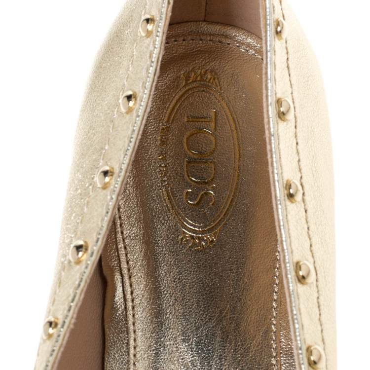 Pre Owned Tod's Metallic Gold Leather Studded Ballet Flats Size 38.5