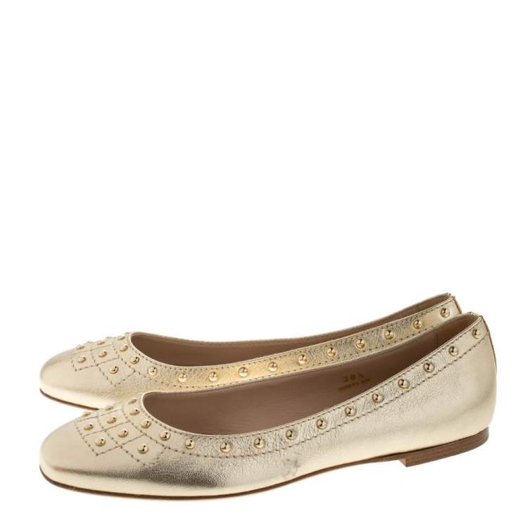 Pre Owned Tod's Metallic Gold Leather Studded Ballet Flats Size 38.5