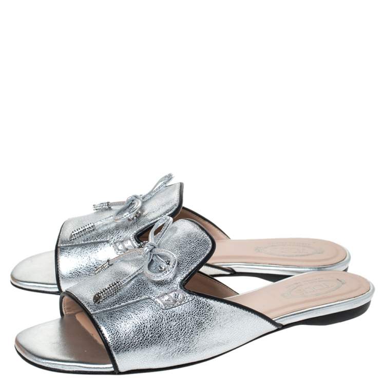 Pre Owned Tod's Metallic Leather Open Toe Flat Slides Size 36